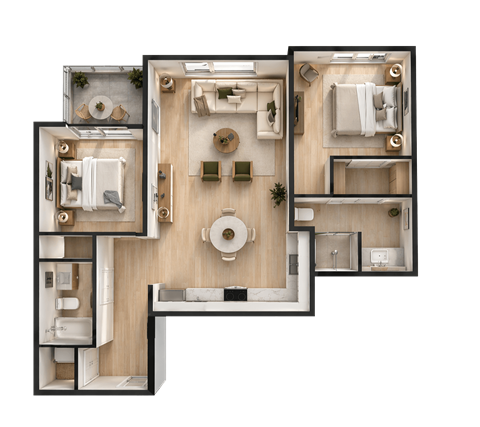 Floor plan for 2 beds, 2 baths, 934 sqft